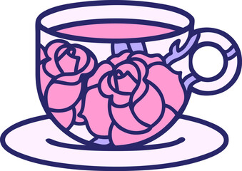 iconic tattoo style image of a cup and flowers in bright neon color
