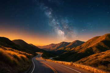Serene Mountain Road at Sunset with Milky Way Galaxy Overhead