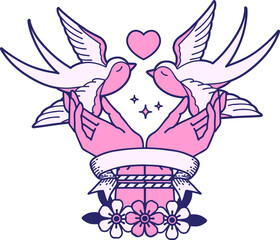 traditional tattoo with banner of tied hands and swallows in bright neon color