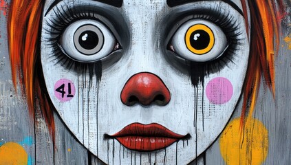 Close-up of a painted clown face,  with oversized eyes, teardrops, and vibrant colors on a gray wooden background