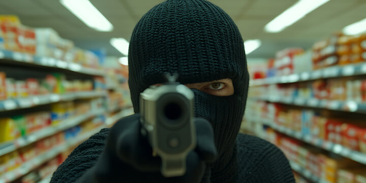 Masked figure aiming gun in store aisle. A threatening atmosphere with intense focus on the weapon and the limited view of the person behind it.