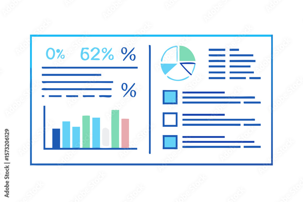 Poster digital dashboard displaying financial data with charts and percentages
