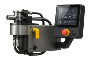 Naklejka premium Hydraulic tube bending machine with a dual-axis control system and touch screen interface for a furniture manufacturing plant