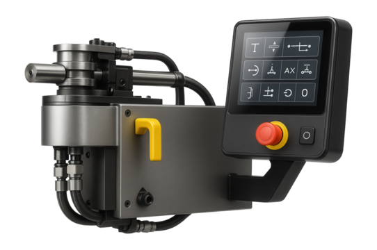 Hydraulic tube bending machine with a dual-axis control system and touch screen interface for a furniture manufacturing plant