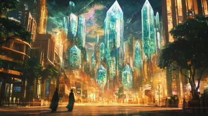 Obraz premium Crystal Cityscape at Night, Futuristic Metropolis