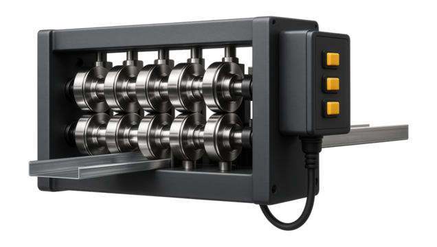 Single-pass roll forming machine with a compact design for efficient production of metal studs in a building materials factory