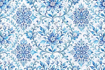 A seamless watercolor pattern with blue floral designs evokes a vintage and decorative feel, ideal for fabric and wallpaper, creating an elegant and artistic backdrop