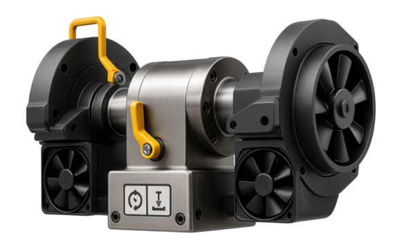 Dual-axis section rotator with integrated cooling fans for high-temperature processes in a foundry