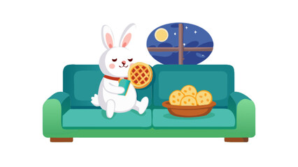 Naklejka premium Cute bunny rabbit reading book and eating waffles on couch at night cartoon vector illustration