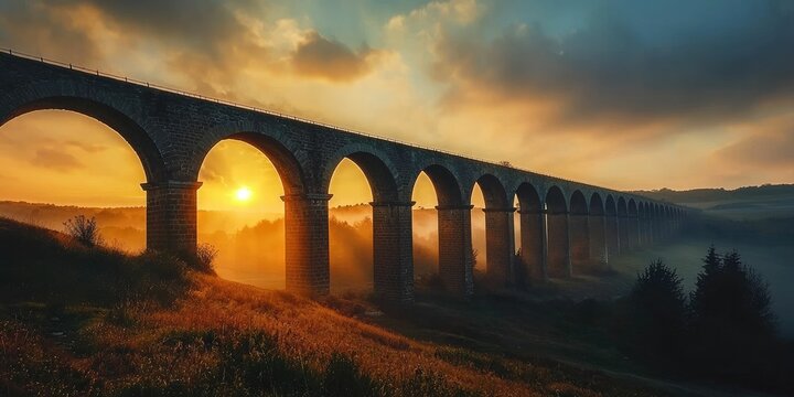 An ancient Roman stone aqueduct bridge at sunrise