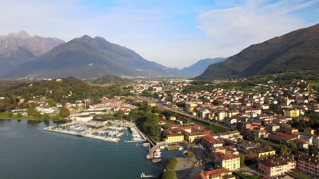 Aerial nature landscape of Colico village in Lake Como Italian Alps during fall in Lombardy