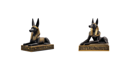 Ancient anubis statues with gold details and hieroglyphics