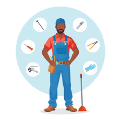 Black Plumber Standing on White Background with Plumbing Tools Around – Vector Illustration Featuring Wrench, Plunger, Gloves, Pipe Connector, Screwdriver, Pliers – Labor Day Concept