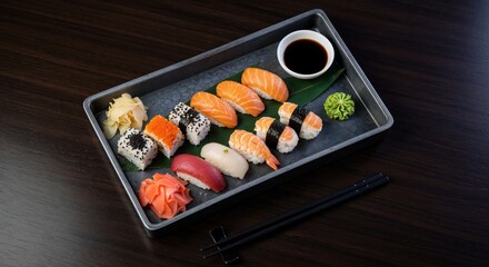 A beautifully arranged sushi platter with a variety of nigiri and maki rolls, garnished with wasabi, pickled ginger, and soy sauce, served on a dark wooden table with chopsticks