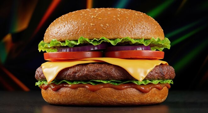 Delicious gourmet cheeseburger with fresh lettuce, ripe tomatoes, red onion rings, and melted cheese on a sesame seed bun against a vibrant abstract background