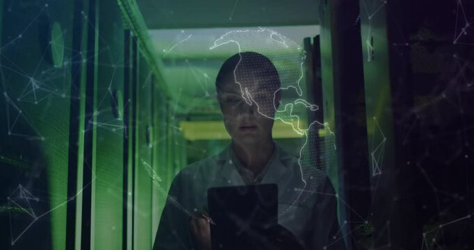 IT admin inspecting network tapping tablet in data center causing rotating globe with pulsing lines - Powered by Adobe