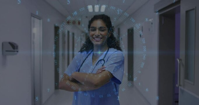 Medical nurse adjusting posture crossing arms after holo overlay appearing in hall scanning vitals