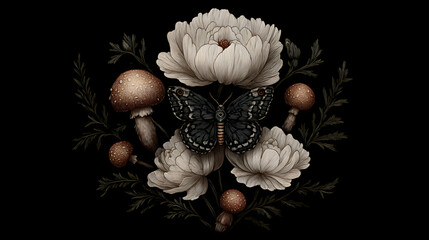 A dark botanical illustration of a white moth surrounded by mystical flowers and foliage, combining delicate natural elements with a moody, mysterious atmosphere.
