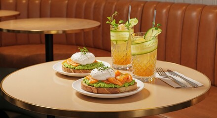 Elegant brunch setting with avocado toast topped with poached eggs and smoked salmon alongside refreshing cucumber cocktails on a stylish cafe table