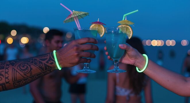 Two people clinking tropical cocktails with colorful straws and umbrellas at a lively beach party during twilight, surrounded by a vibrant crowd and glowing neon bracelets