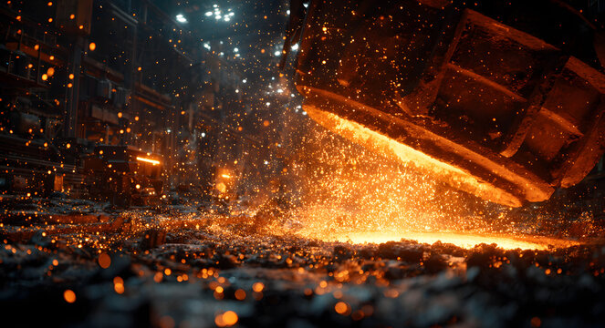 An intense and dramatic shot of glowing, molten steel being poured from a massive industrial ladle, creating a shower of bright orange sparks against a dark foundry background.