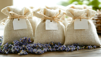 Handmade sachets filled with aromatic herbs and lavender flowers create a calming atmosphere