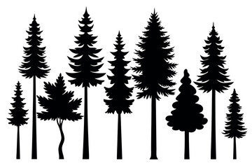 Fototapeta premium Minimalist Evergreen Tree Silhouettes – Isolated Pine and Spruce Forest Vector Design