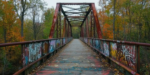 Fototapeta premium An old iron bridge covered in rust and graffiti