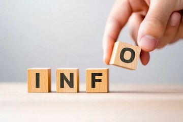 A Hand Placing the Letter O into a Stack of Wooden Blocks that Spell 'INFO', Representing the Concept of Information and Communication in a Creative Way.