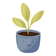 Smiling potted plant with three leaves, cheerful houseplant