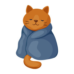 Cozy Cat Wrapped in Blanket. Flat style
