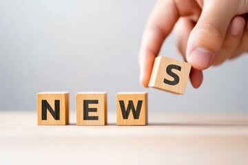 A person's hand is seen placing a wooden letter block to form the word NEWS, illustrating the concept of communication and media in a creative, engaging manner.