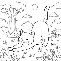 Stretching Cat in a Flower Garden – Cute Line Art for Kids Coloring Book – Playful Cartoon Style Outdoor Scene