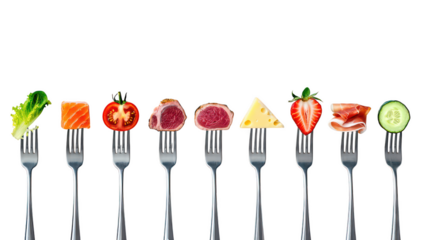 Assortment of food items on forks against salmon steak