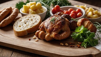 Rustic gourmet spread with roasted chicken, fresh bread, and vegetables on wooden board