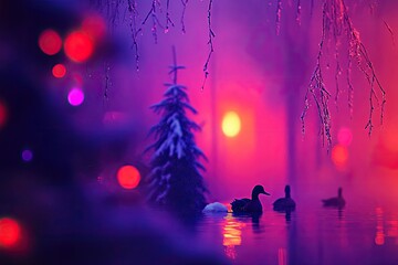 Obraz premium Winter wonderland scene with ducks and a snowy tree