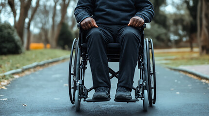 Man in a wheelchair outdoors. Accessibility and mobility depicted. Focused on the person's journey on an outdoor path.