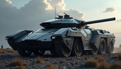Futuristic Military Tank in Desert Landscape