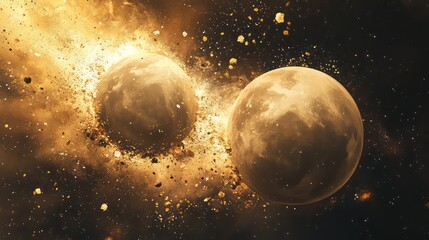 Two Celestial Spheres Exploding Amidst Cosmic Dust and Stellar Debris