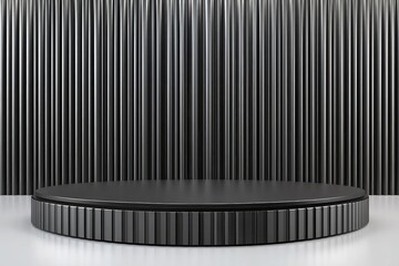 Dark, round podium with corrugated edge, against a backdrop of vertical ribbed panels