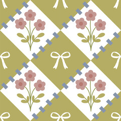 Seamless pattern with pink flowers and white bow
