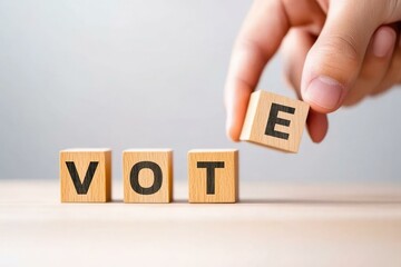 A person's hand is placing a wooden block with the letter E to complete the word VOTE, symbolizing the importance of participation in elections and civic engagement.