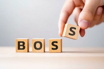A hand arranging wooden blocks to spell the word BOSS, symbolizing leadership and authority in a professional setting, showcasing the importance of strong management in today's business environment.