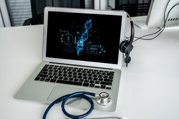 Medical science technology and futuristic healthcare virtual computer software analyze human health...