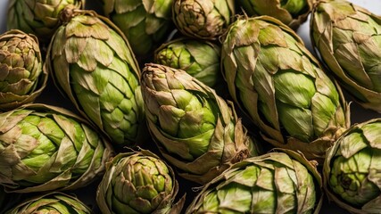 Fototapeta premium Fresh artichokes closeup: vibrant green hues and natural texture in high detail