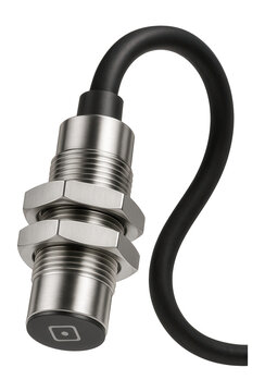 Inductive proximity sensor with a stainless steel housing and flush mounting for metal detection in a machining workshop.