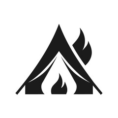 Fototapeta premium Tent with campfire icon silhouette for camping outdoor adventure and travel lifestyle