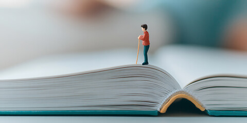Tiny figure on a book: A miniature man stands atop an open book, appearing to be exploring a vast landscape of knowledge.