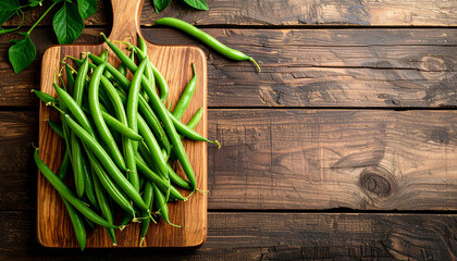 Fresh green beans on rustic wooden cutting board, top view, with copy space