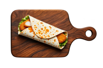 Chicken wrap with lettuce and bread on a wooden cutting board tortilla green